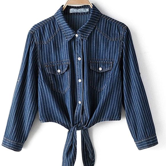 Women's 3/4 Sleeve Denim Crop Top Tie Knot Shirt